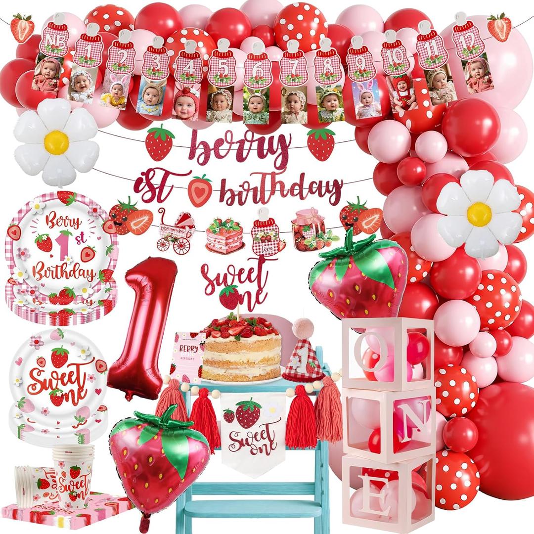 214PCS Berry First Birthday Decor Strawberry 1st Birthday Decorations for Girls Include Balloons, Balloon Boxes, Photo Banner, Crown, Cake Topper, Poster, Plate, Napkin, Cup and Plastic Forks