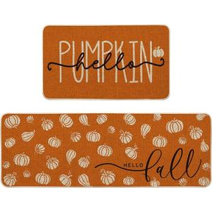 Fall Kitchen Mats Set of 2 17x29 and 17x47 Inch Hello Pumpkin Non-Slip Rugs Low-Profile Autumn Kitchen Floor Mat Rustic Farmhouse Thanksgiving Seasonal Decor for Home Entryway Sink Orange