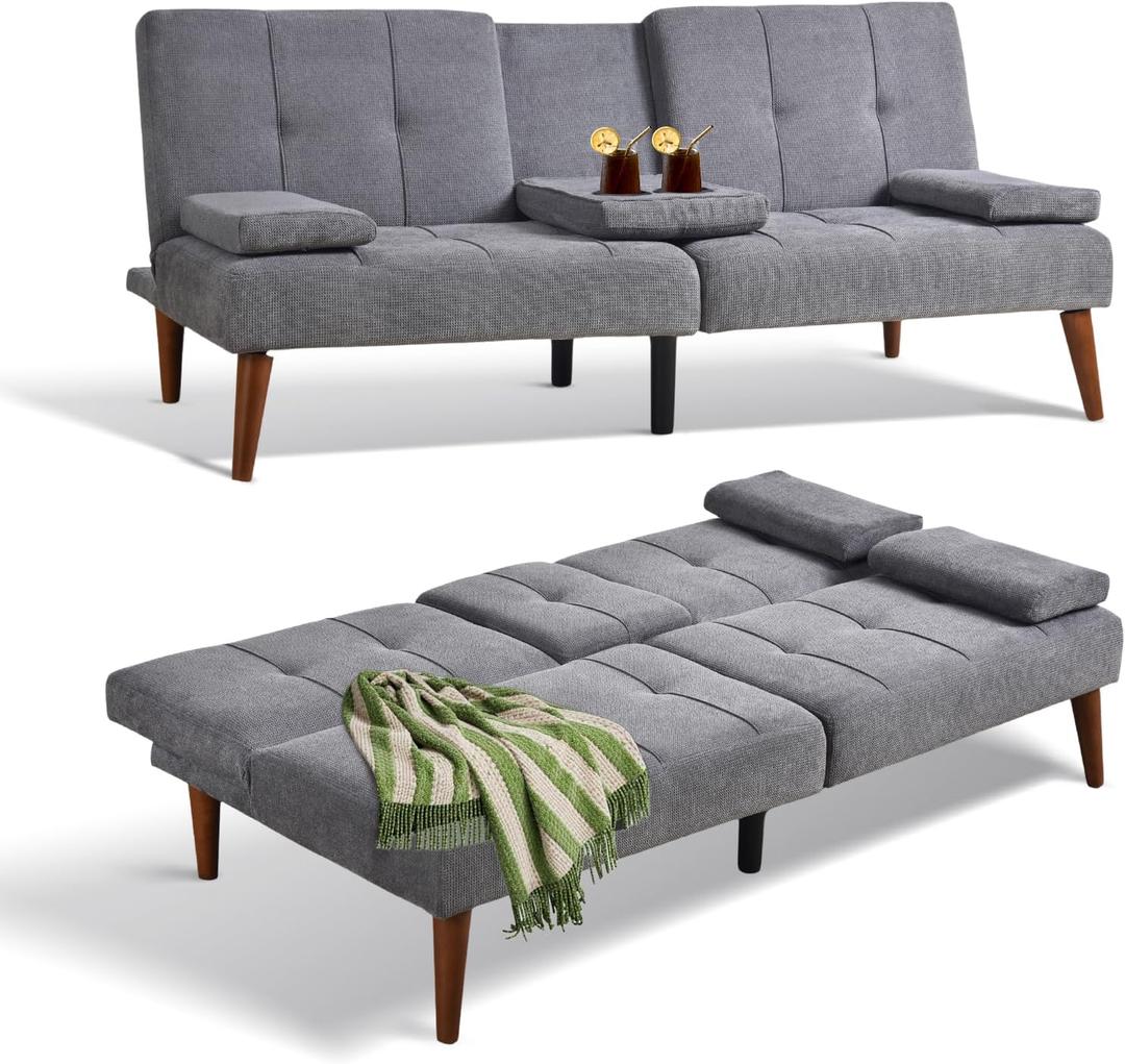 COLAMY Futon Sofa Bed-Fabric Small Futon Couch, Convertible Design with 2 Cup Holders, Removable Soft Armrest, Adjustable Backrest for Dorm/Bedroom/College Lightgrey