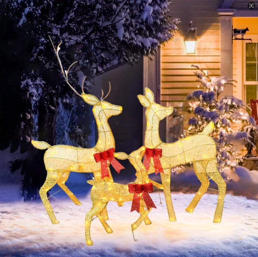 45" Large Outdoor Lighted Christmas Reindeer Family Set Decor, 3Pcs Handmade Light Up Xmas Deer Decoration with Stakes, Safe Material LED Plug and Play Outside Holiday Ornaments for Yard Lawn Garden (2D-Gold-B)