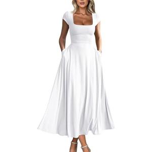YMDUCH Women's Casual Short Sleeve Square Neck Solid Slim Flowy Maxi Dress with Pockets XL
