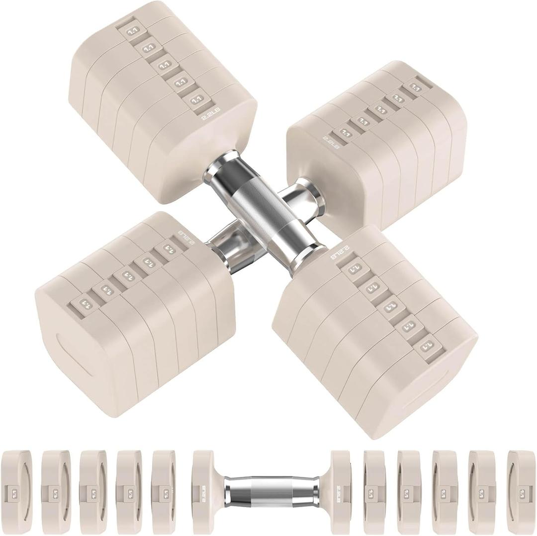 30.8LB Adjustable Dumbbell Set, Each Adjustable Weight Dumbbell with 6 Levels 4.4/6.6/8.8/11/13.2/15.4lb, Hand Weights Set for Men/Women Home Gym Exercise Workout (Beige)