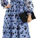 Women Floral Embroidered Maxi Dress Long Puff Sleeve Tulle Prom Dresses Belt V Neck Lantern Long Sleeve Homecoming Dresses (Blue), Size XL