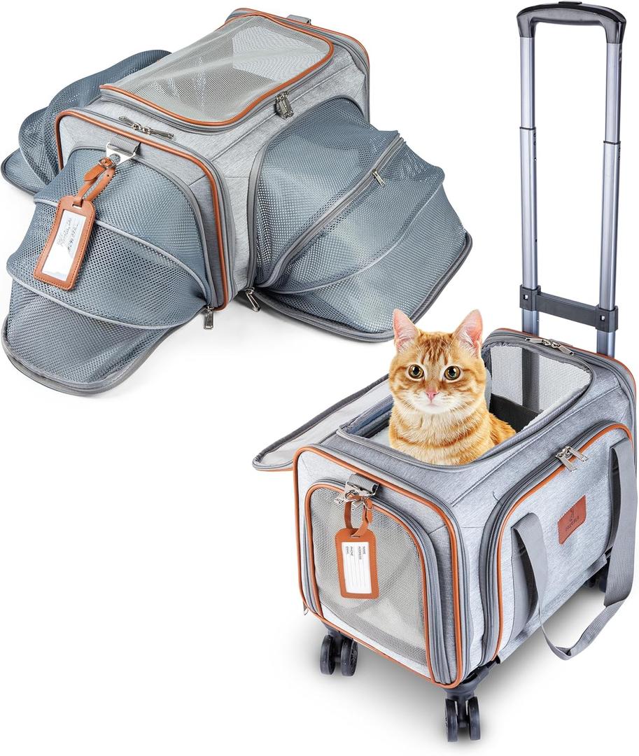 Premium Expandable Pet Carrier with Wheels - Airline Approved Rolling Travel Carrier for Small Dogs & Cats - Detachable Design with Name Tag, Seatbelt Buckles & Treat Pocket (18x11x11) - Ice Gray