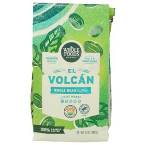 Whole Foods Market, El Volcan Light Roast Whole Bean Coffee, Mandarin Orange, Honey & Brown Sugar, 12 Ounce