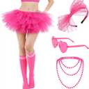 5pcs Tutu Costume Accessories for Women with 5 Layered Tulle Skirt Headband Glasses Socks Necklace for Dance Party (Pink)