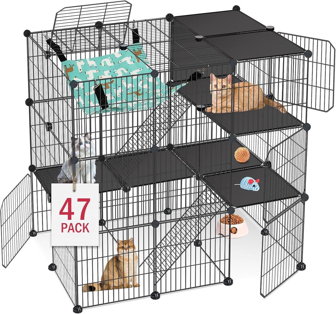 Cat Cage, 3-Tier DIY Cat Enclosures Catio, Cat Playpen Indoor & Outdoor with Hammock, Detachable Metal Wire Kennel Cats Crate, 2x3x3 Exercise Place for 1-3 Cats/Kitten