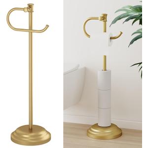 Hoimpro 25" Toilet Paper Roll Tissue Holder Free Standing with Shelf Storage Stand for 4 Rolls, Freestanding Hardware Accessories Rack Brushed Gold