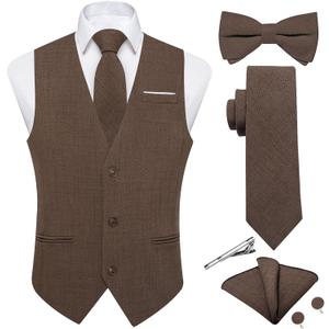 DiBanGu Mens Linen Suit Vest Casual Waistcoat and Necktie & Pre-tied Bowtie Set 6PCS Solid Color Dress Vest for Wedding Party (Large, Brown)