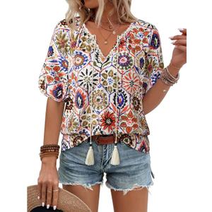 Vivilli Womens Summer Boho Tops Casual V Neck Short Sleeve Blouses Floral Print Shirt Tie Front Flowy Vacation Clothes, XL