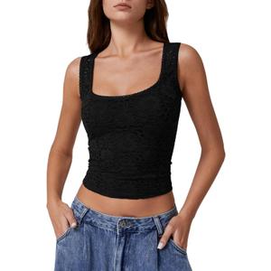 QINSEN Womens Lace Trim Square Neck Sleeveless Tank Tops Double-Layer Slim Fit T Shirt Crop Tops (Small, Black)