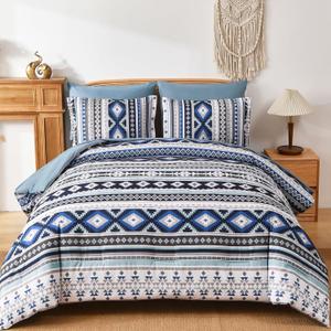 Dinjoy Navy Boho Comforter Set Queen Size,7 Pieces Bed in a Bag Queen Dark Blue Aztec Bedding with Sheets Bohemian Geometric Striped Complete Set for Fall Winter 90"x90"