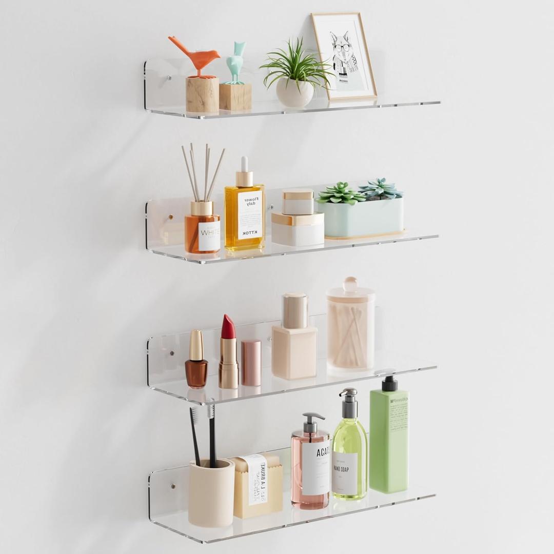 HANGE 4-Pack Clear Acrylic Floating Shelves, 12" Invisible Wall Mounted Shelves  Space-Saving Storage for Kids Books, Bathroom, Bedroom, Kitchen, Living Room  Modern Display Organizer