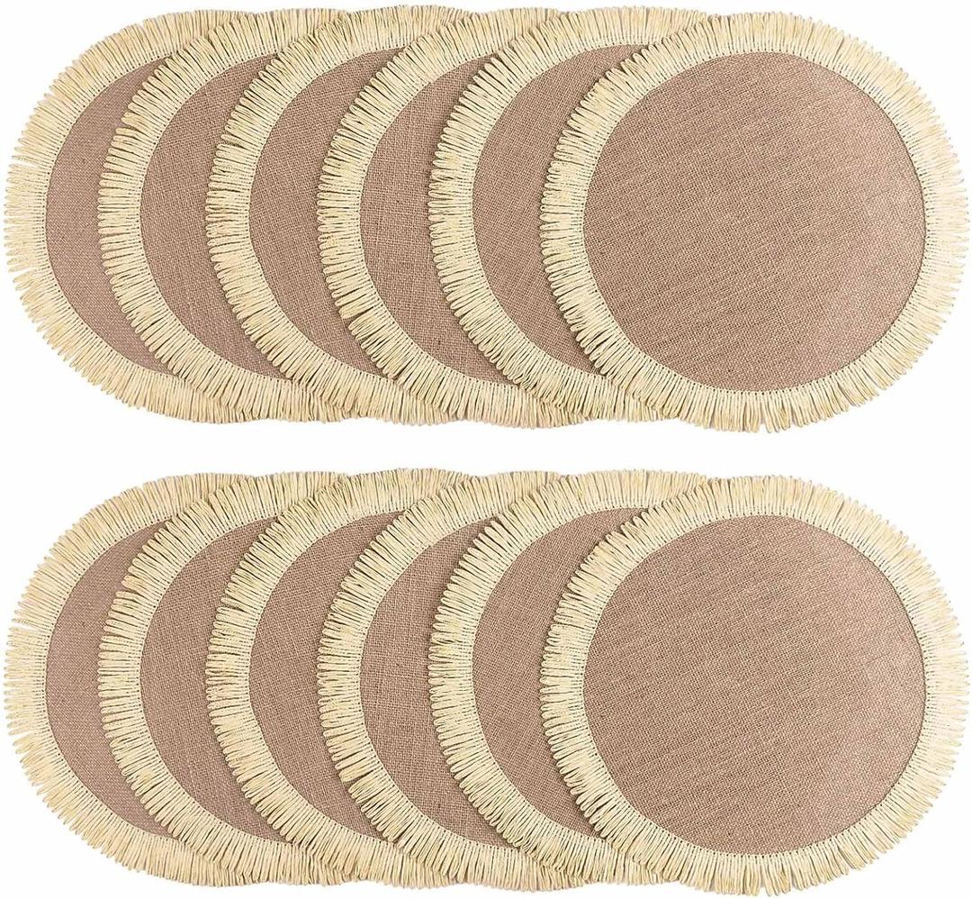 FunWheat 15 Inch Round Jute Placemats Set of 12, Braided Burlap Table Mats for Dining Table, Heat Resistant Farmhouse Woven Placemats for Fall Farmhouse Decor (Coarse-Edged Sunflower)