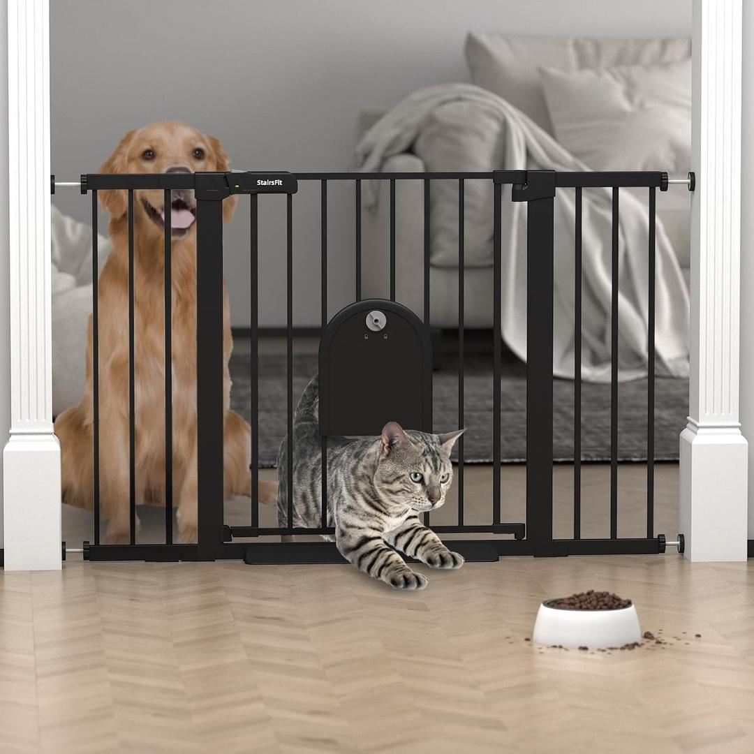 29.5"-51.5" Extra Wide Baby Gate with Cat Door for Stairs & Doorways - 30.5" Tall Auto-Close Metal Gate - No Drilling Pressure Mounted Dog Gate Indoor with Door (Black)