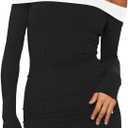 HYPERFIRE Women's Sexy Elegant Off The Shoulder Ribbed Long Sleeve Dress Party Mini Dresses (Medium, Black and White)