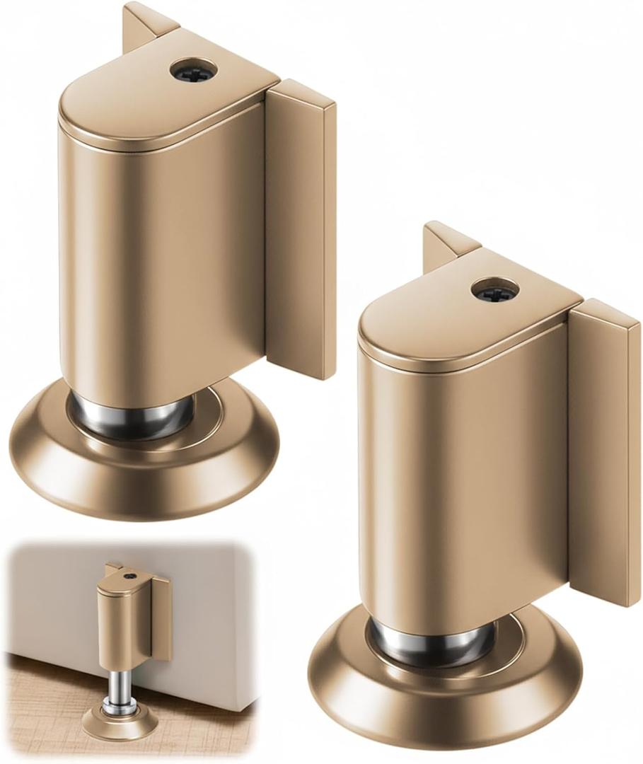 2 Pack Adjustable Magnetic Door Stoppers, Drilled Mount or No Drill Invisible Doorstops for Inside Door with Installation Screws and Adhesive Stickers, Protects Wall from Damage (Gold)