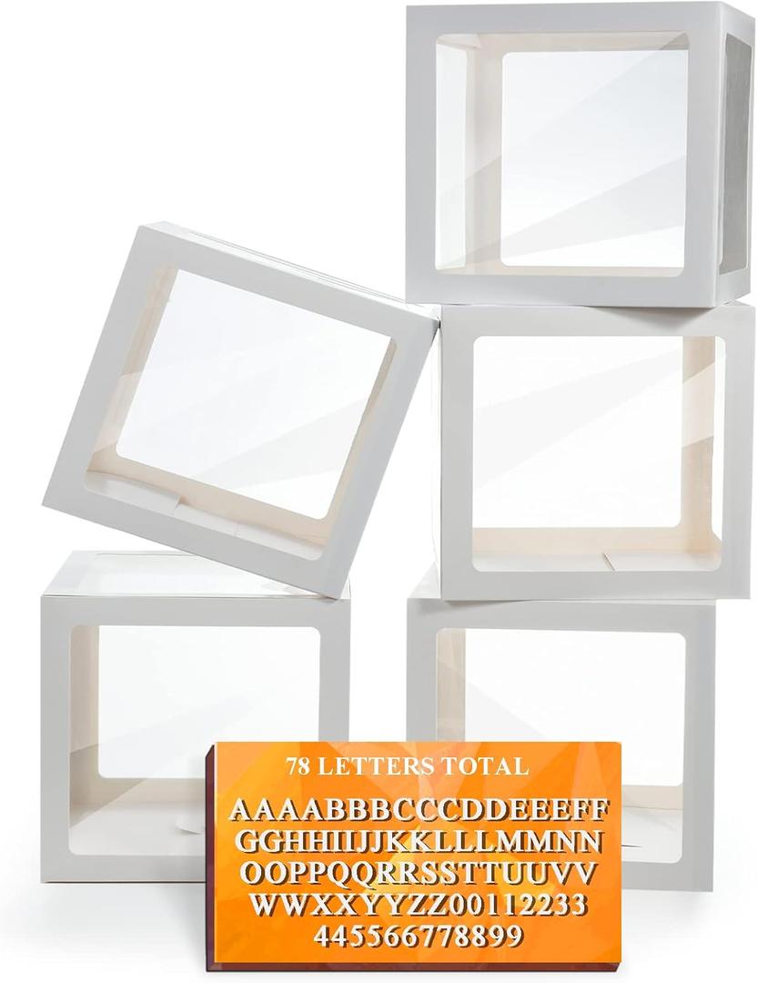 White Transparent Balloon Boxes, Clear Baby Boxes with 78 Letters for Custom Name, Balloon Box Blocks Backdrop for Bride Shower Baby Shower Birthday Boy Girl Gender Reveal Graduation Party Decor, 5PCS