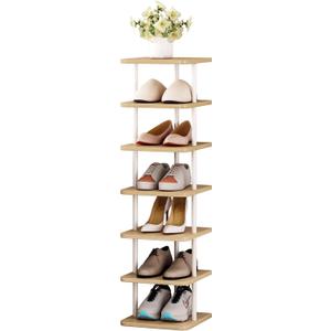 SORCEDAS 7 Tiers Vertical Shoe Rack Wooden Shoe Storage Organizer for Space Saving Narrow Shoe Shelf Storage 7 Pairs for Entryway Living Room Bedroom(White+Oak)