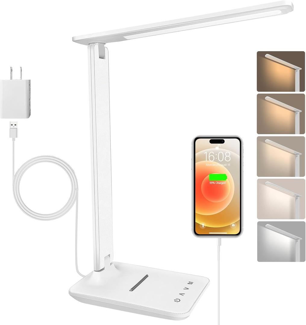 shinelife LED Desk Lamp for Office Home, Bright Desk Light with USB Charging Port, Adjustable Dimmable Desk Lamps 5 Modes 5 Brightness, Touch Study Lamp for Nail, Craft, Puzzle, Sewing, Study, White