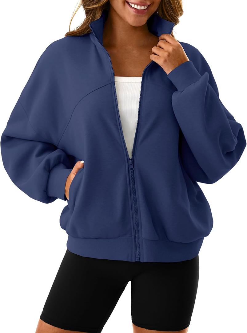 SOFIA'S CHOICE Women Sweatshirt Cute Ladies Streetwear Hoodies Pullover Plain Zipper Sweatshirts Jackets with Pockets Blue Grey Small (Blue, S)