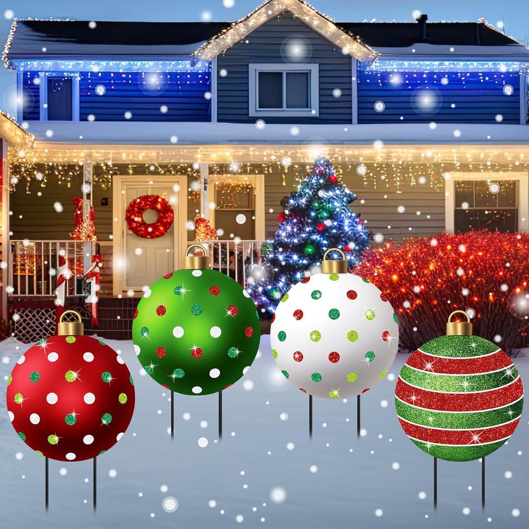 Nuanchu 4 Pcs Metal Christmas Balls Yard Signs Glitter Xmas Yard Sign Stake 21.3 Inches Xmas Waterproof Lawn Signs Christmas Outdoor Decorations for Outside Garden Patio Holiday Home Party Decor