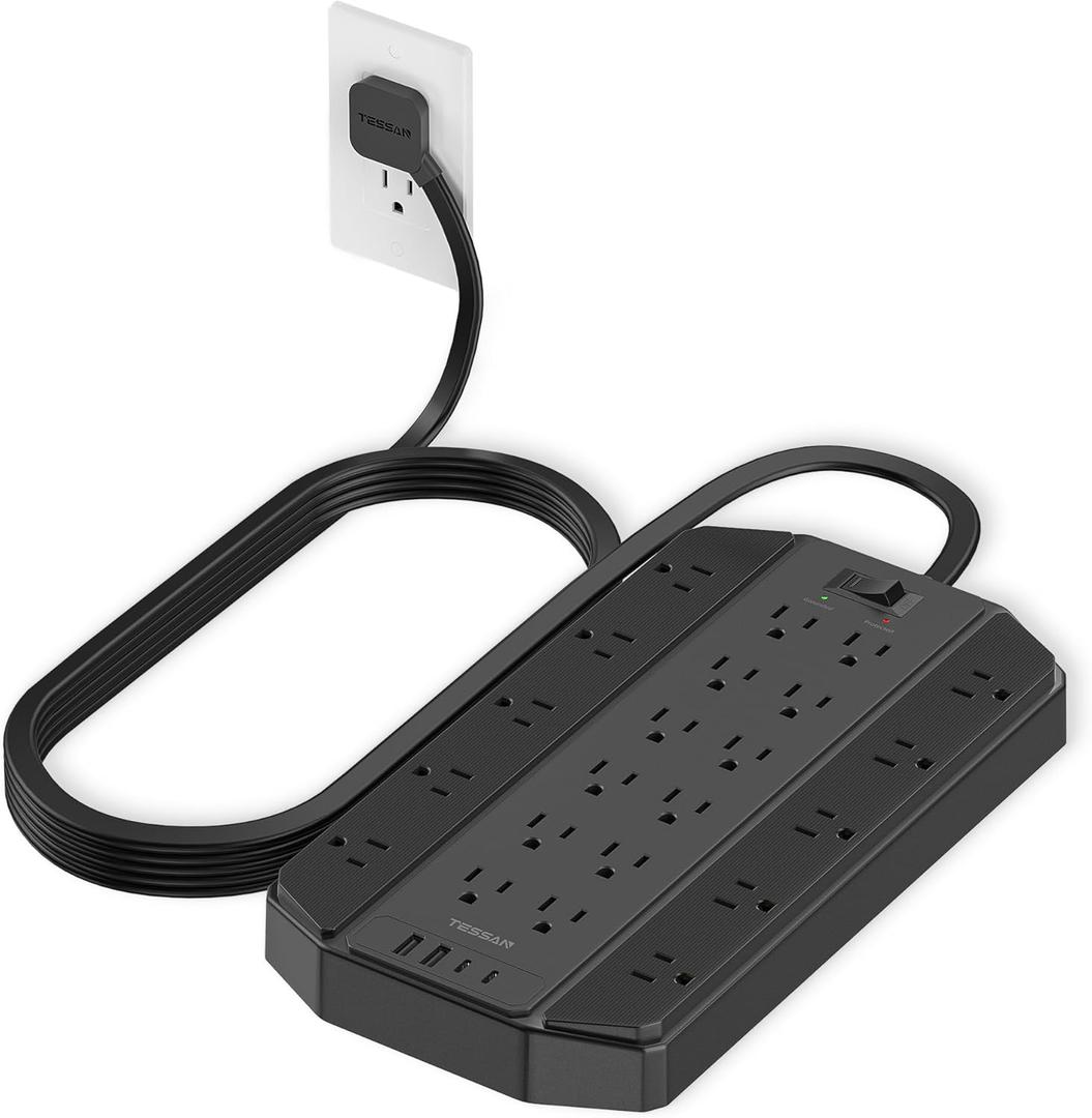 4000 Joules Surge Protector Power Strip, TESSAN 22 Outlets Large Power Strip with 4 USB(2 USB C), 10FT Heavy Duty Extension Cord with Multiple Outlets, 1875W/15A, for Home, Office, Gaming Room, Black
