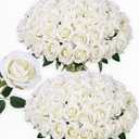 50 PCS Ivory Roses Artificial Flowers, Fake Roses with Stem Realistic Silk Roses for DIY Wedding Bouquets Tables Centerpieces Arrangements Baby Shower Birthday Home Decor Valentine's Day Gift for Her
