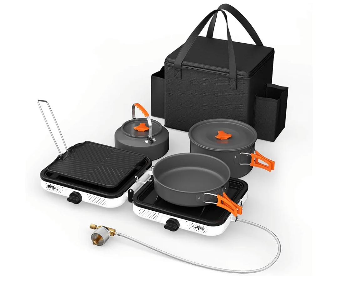 Hisencn Camping Stove,2 Burner Propane Stove,20000 BTU/h Camping Cooking set Includes Frying Pan,Kettle and Pot,Adjustable Burners & Piezo Ignition,Portable stove for camping Outdoor, White