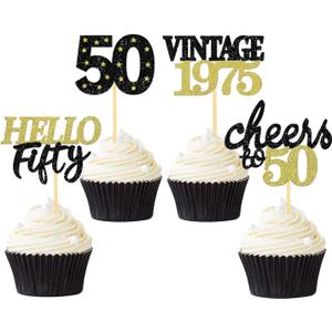 24 Pcs Glitter 50th Birthday Cupcake Toppers for Celebrating Fifty Years Old Birthday Party Decorations (Black&Gold)