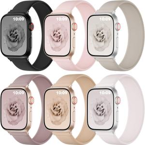 6 Pack Silicone Stretchy Solo Loop Bands Compatible with Apple Watch Band | Soft Sport Elastic Band Compatible with iWatch Band Size: 38/40/41/42mm(04:5.91"-6.30") Series 11 10 9 8 7 SE 6 5 4