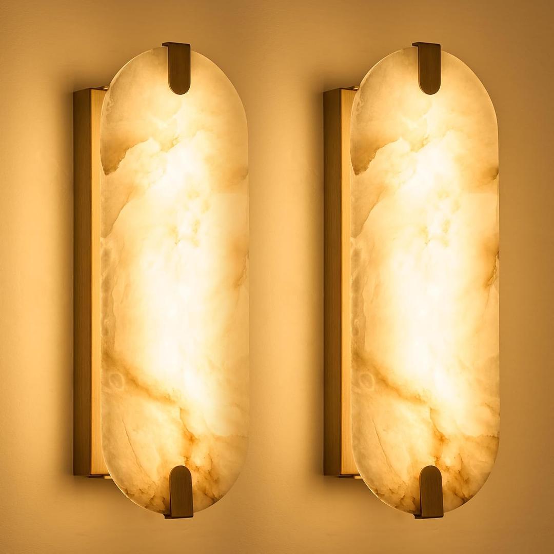 ZEROUNO Alabaster Wall Sconces, 14.2 inch Wall Sconce, Natural Marble Wall Sconces Wall Lighting Set of Two, Dimmable Light Fixtures for Bedroom Living Room Stairs Vanity Hallway Bedside