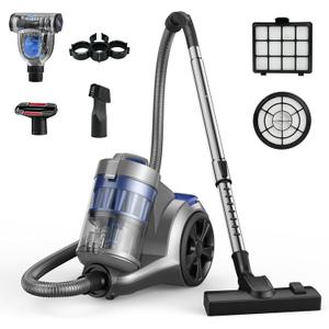 Aspiron 1700W Canister Vacuum Cleaner, 45Kpa Bagless Vacuum Cleaner, Multi-Cyclonic Filtration, 2 Anti-Allergen HEPA Filters, 3.5QT Dust Cup, 4 Tools, No Hair Tangles for Hard Floor, Pet Hair, Azure