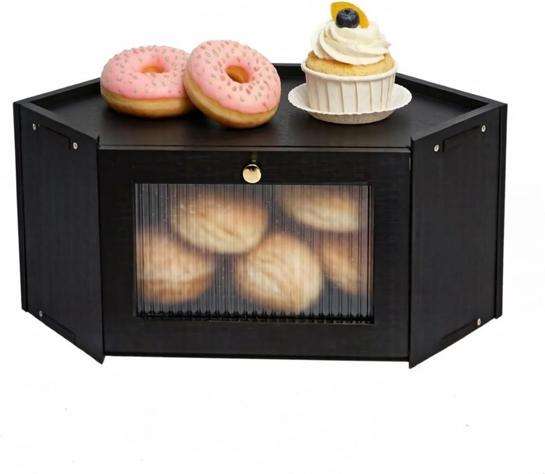 Bread Box, Corner Bread Box, Corner Bread Box for Kitchen Countertop, Bamboo Bread Box, Wooden Bread Boxes with Mortise and Tenon Structure, Bread Bin with Wavy Acrylic Door for Homemade Bread (Black)