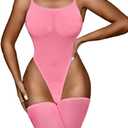 Kaei&Shi High Cut Bodysuit & Thigh High,Sheer Mesh Spaghetti Strap Sexy Tops Women,Low Back Snap Body Suit Rave Festival Club (6-8, Pink)