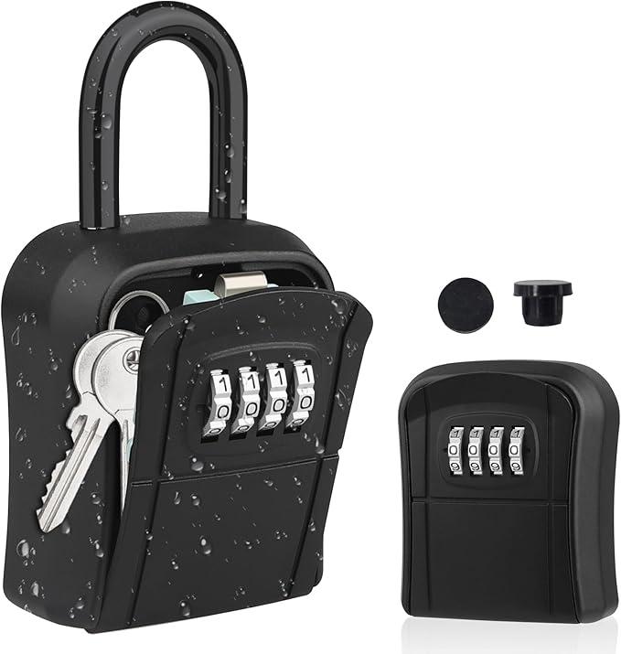 Key Lock Box, [] Diyife Lock Box for House Key, Portable Lockbox for Keys, 4 Digit Combination Key Safe Storage, Waterproof Key Lock Box Wall Mounted for Outdoor Home Garage Office, Black