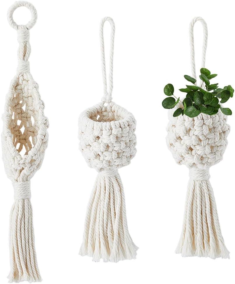 SUPERFINDINGS 3Pcs 3 Styles Macrame Wall Hanging Boho Decor Cotton Wall Hanging Basket Floral White Wall Mounted Woven Bag Tassels Handmade Yarn Art for Living Room or Home Dcor