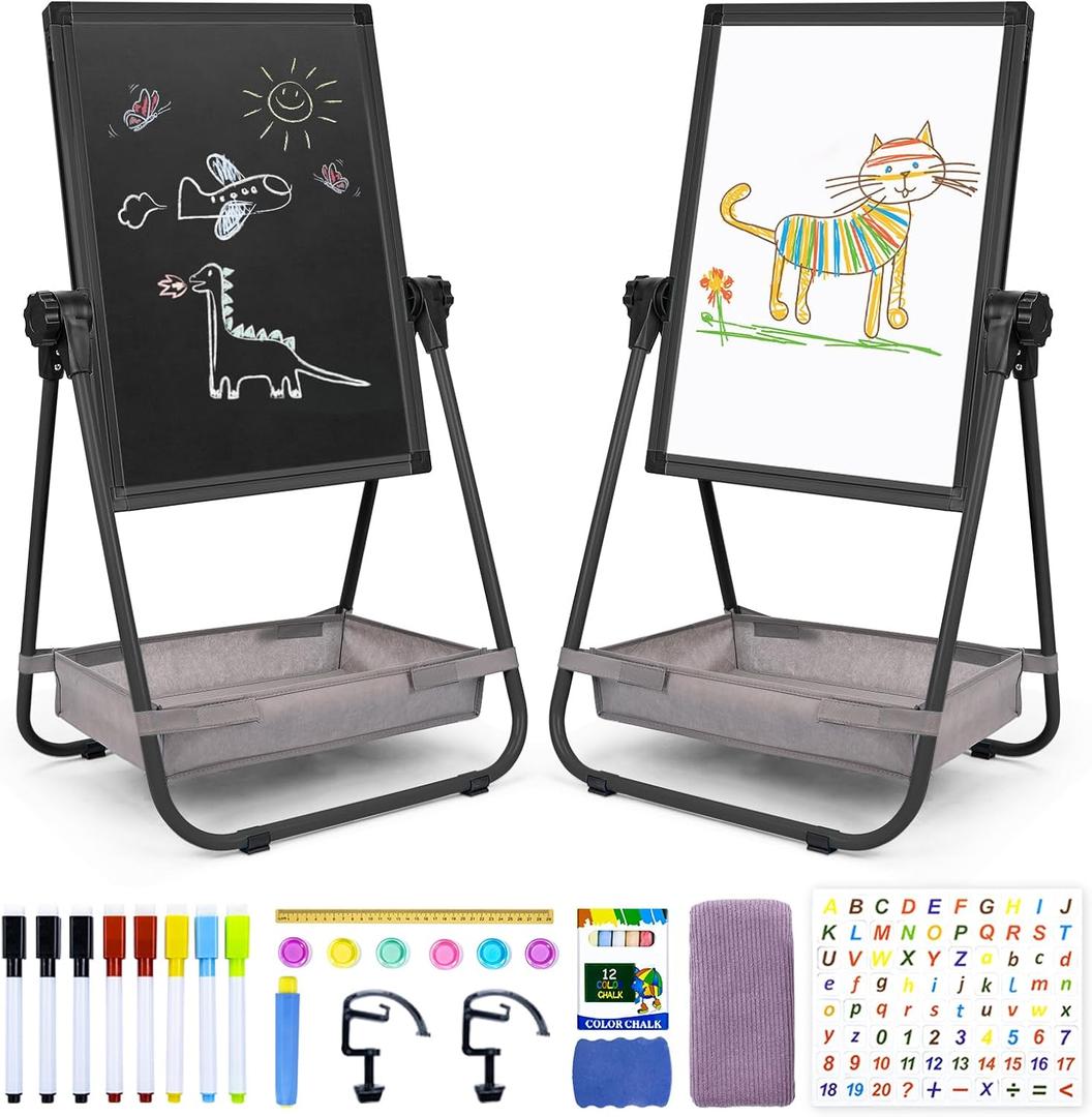 WEYOUNG Kids Easel, Adjustable Double-Sided Whiteboard & Chalkboard 360Rotating, Magnetic Standing Art Toddler Easel Kids for Boys and Girls 3+ with Drawing Accessories, Black
