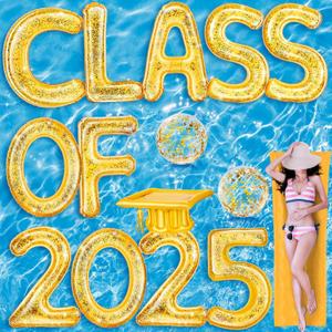 Sumind 15 Pcs Large Class of 2025 Graduation Pool Float 30 x 40 Inch Inflatable Letter Float Glitter Grad Party Decor 2025 Graduation Pool Party Decorations with Beach Ball Grad Hat (Gold)