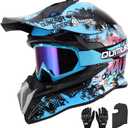 DOT Adult Dirt Bike Helmet with Goggles Gloves & Mask Adjustable Sun Visor Motorcycle Adult ATV Helmet Off-Road Motocross Downhill Moped MX BMX for Unisex Adult-188-Blue Cowboy, M(57-58cm)