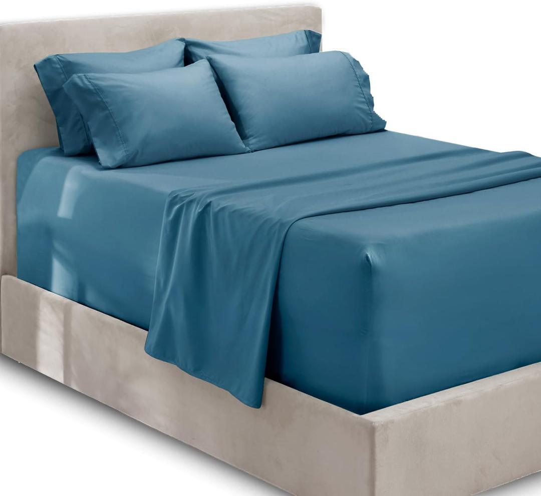 Hearth & Harbor Extra Deep Pocket Queen Sheets Sets - Fits Mattress 18-24 Inches Deep - Extra Deep Pocket Sheets - 6 Piece Queen Size - Blue Heaven