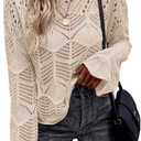 BEAUDRM Women's Crochet Sweater Hollow Out Lightweight Sweaters Crew Neck Long Sleeve Casual Pullover Knit Top Khaki Large