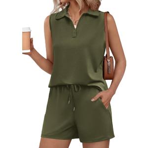 Glamaker Womens Two Piece Short Sets Summer V Neck Travel Outfits Sweatsuits Sleeveless Lounge Sets Tracksuit (Green, L)