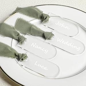 24 Pcs Acrylic Place Cards for Wedding Clear Acrylic DIY Table Seating Cards with Sage Green Ribbon 3.54x1.77 Inch Blank Name Tags for Wedding Banquet Party Table Setting Supplies