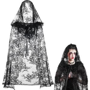 Witch Black Hooded Cloak for Women Gothic Lace Snake Pattern Short Sheer Cape for Vampire Cosplay Costume