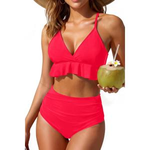 Tempt Me Women High Waisted Ruffle Bikini Set Two Piece Swimsuits Flounce Tummy Control Bathing Suit (L)