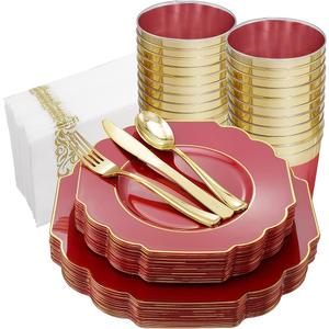 Hioasis 140pcs Red Plastic PlatesGold Plastic Plates Served for 20 Guests include 20 Dinner Plates,20 Dessert Plates,20 Knives,20 Forks,20 Spoons,20 Cups,20 Napkins for Christmas&Weddings&Parties