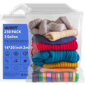 14"x20" Zip Bags 3 Gallon - 250PCS Large Resealable Plastic Bags for Storage, Clear Zipper Bag for Clothing, Food, Travel, and Organization