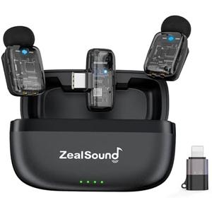 ZealSound Mini Wireless Lavalier Microphone for iPhone iPad Android, Dual Channel Wireless Mics with Noise Cancellation, Mute & Volume Control, 33H Battery Case, USB-C & Lightning Plug & Play, Black