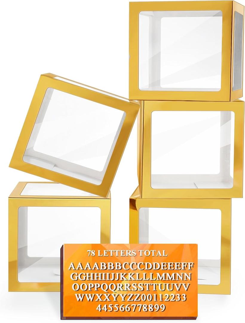 Ledido Gold Transparent Balloon Boxes With 78 Letters, Baby Boxes with Letters for Baby Shower Clear Letter Boxes for Party Graduation Wedding Birthday Baby Shower Decorations 5 PCS